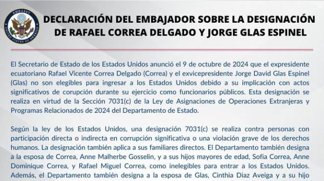 Expresidente de Ecuador Rafael Correa y exvicepresidente Jorge Glas tienen prohibida la entrada a EEUU por corrupción