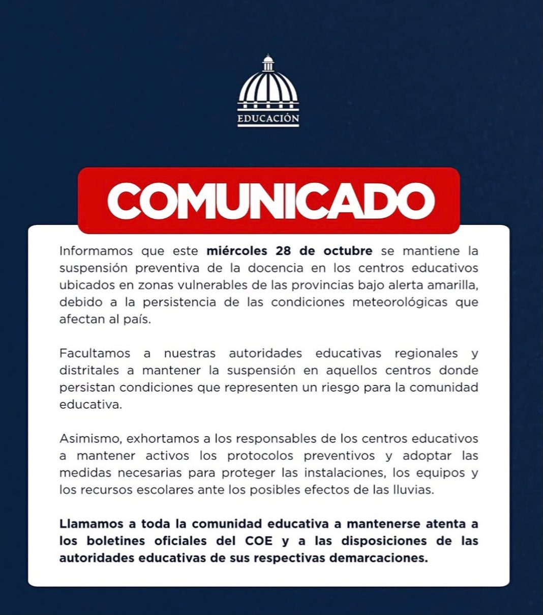 Minerd mantiene suspensión de clases este miércoles en zonas vulnerables bajo alerta amarilla Minerd mantiene suspensión de clases este miércoles en zonas vulnerables bajo alerta amarilla
