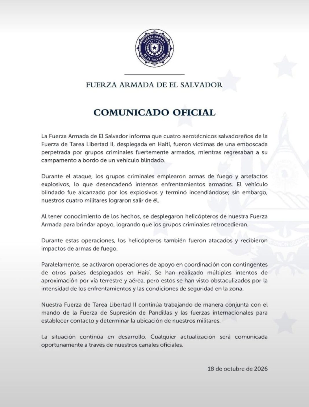 El Salvador busca a cuatro militares desaparecidos tras ataque armado en Haití El Salvador busca a cuatro militares desaparecidos tras ataque armado en Haití